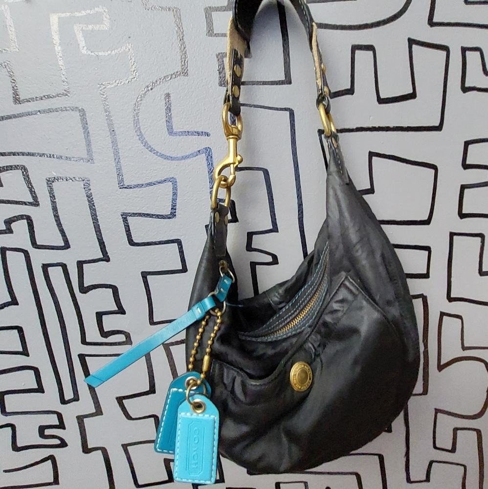 Coach Vintage Black Hamptons Weekender bag, Teal Interior